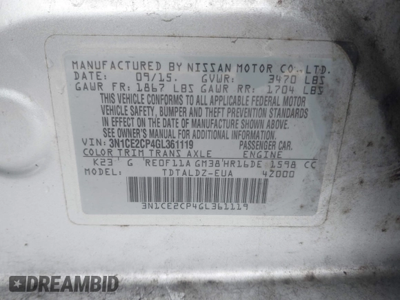 2016 Nissan Note S Plus with VIN 3N1CE2CP4GL361119, listed as a IAAI auction lot 41419131 with 103,947 mi miles and . Bid and sale history available at DreamBid. Image 9.