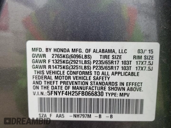 2015 Honda Pilot LX with VIN 5FNYF4H25FB066830, listed as a Copart auction lot 53032695 with 123,208 mi miles and Clean Title. Bid and sale history available at DreamBid. Image 13.