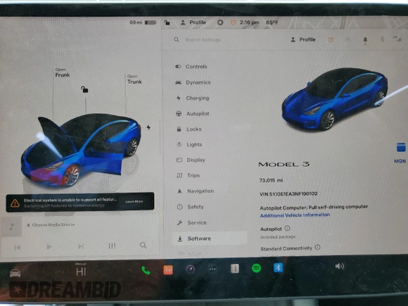 2022 Tesla Model 3 with VIN 5YJ3E1EA3NF190102, listed as a Copart auction lot 50657535 with 73,015 mi miles and Salvage Title. Bid and sale history available at DreamBid. Image 9.