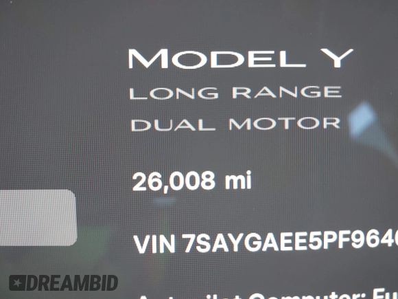 2023 Tesla Model Y Long Range with VIN 7SAYGAEE5PF964083, listed as a IAAI auction lot 41365919 with 26,008 mi miles and . Bid and sale history available at carsss.com. Image 16.