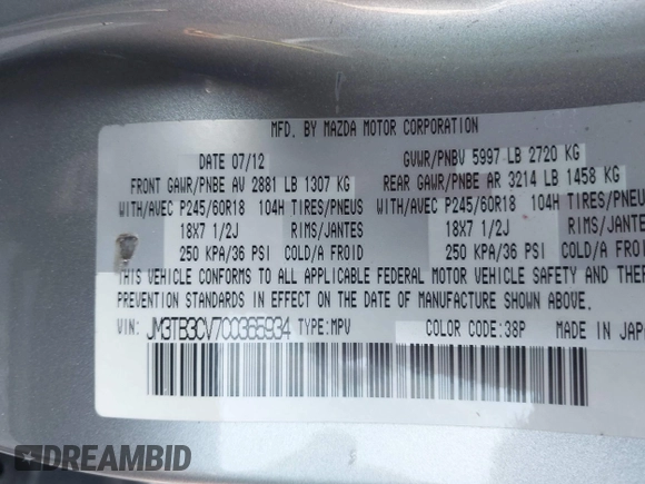2012 Mazda CX-9 Touring with VIN JM3TB3CV7C0365934, listed as a IAAI auction lot 42381671 with 237,298 mi miles and . Bid and sale history available at DreamBid. Image 9.
