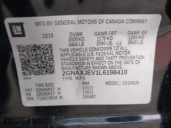 2020 Chevrolet Equinox LT z VIN 2GNAXJEV1L6198410, wystawiony jako IAAI lot #41618359 z przebiegiem 68 216 mil mil oraz . Historia ofert i sprzedaży dostępna na DreamBid. Obrazek 9.