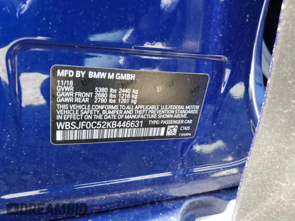 2019 BMW M5 Competition with VIN WBSJF0C52KB446631, listed as a Copart auction lot 43966313 with 44,920 mi miles. Bid and sale history available at carsss.com. Image 12.