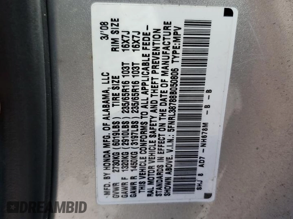 2008 Honda Odyssey EX-L with VIN 5FNRL38788B050806, listed as a Copart auction lot 48133055 with 199,521 mi miles and Salvage Title. Bid and sale history available at carsss.com. Image 14.