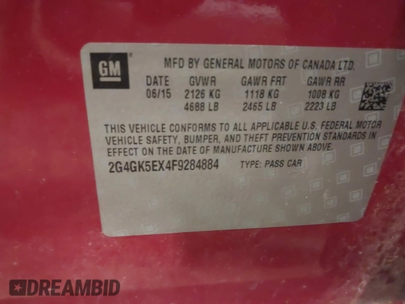 2015 Buick Regal with VIN 2G4GK5EX4F9284884, listed as a IAAI auction lot 41048709 with 135,227 mi miles and . Bid and sale history available at DreamBid. Image 9.