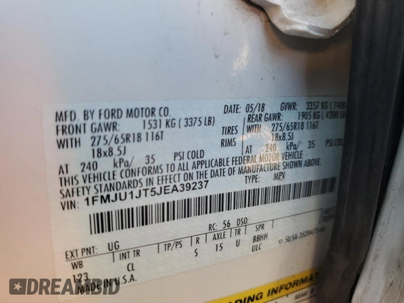 2018 Ford Expedition XLT with VIN 1FMJU1JT5JEA39237, listed as a Copart auction lot 52947615 with 113,676 mi miles and Salvage title. Bid and sale history available at DreamBid. Image 14.