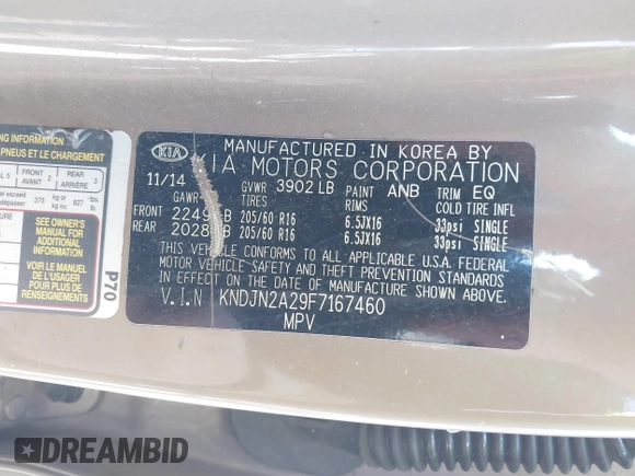 2015 Kia Soul with VIN KNDJN2A29F7167460, listed as a IAAI auction lot 41900985 with 91,948 mi miles. Bid and sale history available at carsss.com. Image 9.