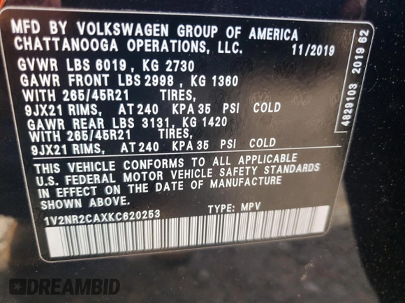 2019 Volkswagen Atlas SEL Premium z VIN 1V2NR2CAXKC620253, wystawiony jako Copart lot #56583635 z przebiegiem 57 734 mil mil oraz Szkoda całkowita • Salvage title. Historia ofert i sprzedaży dostępna na DreamBid. Obrazek 13.
