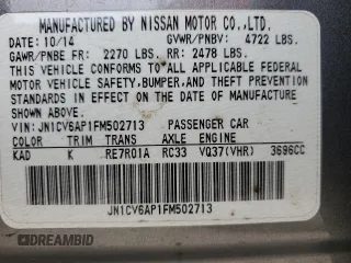 2015 Infiniti Q40 with VIN JN1CV6AP1FM502713, listed as a Copart auction lot 56121544 with 0 mi miles and Salvage Title. Bid and sale history available at carsss.com. Image 14.