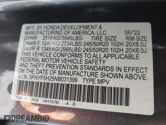 2022 Honda Pilot Special Edition with VIN 5FNYF5H25NB031399, listed as a IAAI auction lot 41638517 with 34,239 mi miles and . Bid and sale history available at carsss.com. Image 9.