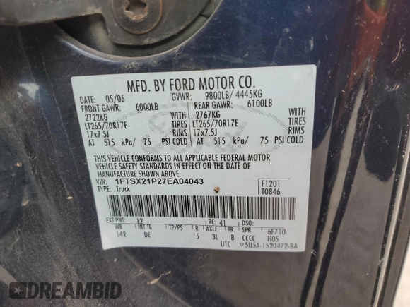 2007 Ford F-250 XL with VIN 1FTSX21P27EA04043, listed as a Copart auction lot 41401225 with 190,310 mi miles and Non Repairable. Bid and sale history available at DreamBid. Image 12.