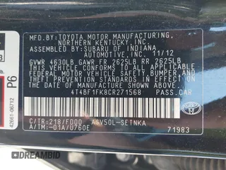 2012 Toyota Camry L with VIN 4T4BF1FK8CR271568, listed as a IAAI auction lot 42054303 with 200,186 mi miles. Bid and sale history available at carsss.com. Image 9.