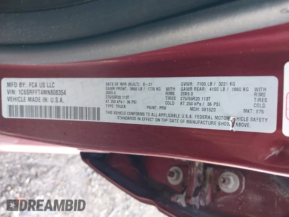 2021 Ram 1500 Big Horn with VIN 1C6SRFFT4MN808354, listed as a IAAI auction lot 42188407 with 62,315 mi miles and . Bid and sale history available at DreamBid. Image 9.