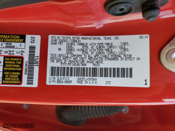 2014 Toyota Tundra 4WD Truck SR with VIN 5TFCY5F1XEX017048, listed as a Copart auction lot 82190834 with 302,685 mi miles and Salvage Title. Bid and sale history available at carsss.com. Image 12.
