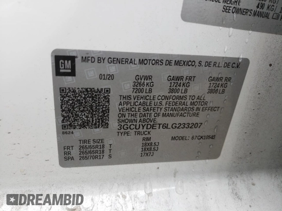 2020 Chevrolet Silverado 1500 LT with VIN 3GCUYDET6LG233207, listed as a Copart auction lot 51141625 with 85,024 mi miles and Salvage Title. Bid and sale history available at DreamBid. Image 12.