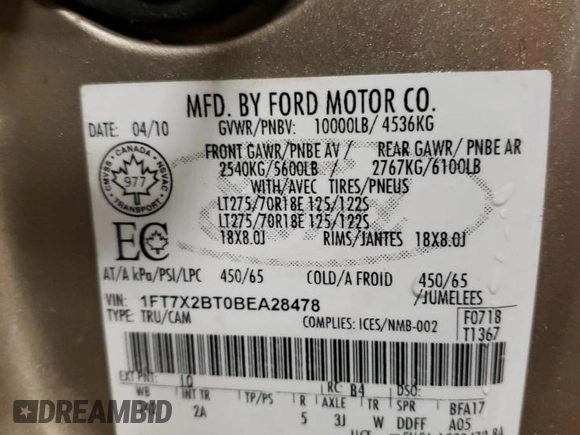 2011 Ford F-250 XL with VIN 1FT7X2BT0BEA28478, listed as a Copart auction lot 43524915 with 264,717 mi miles and Clean Title. Bid and sale history available at DreamBid. Image 13.