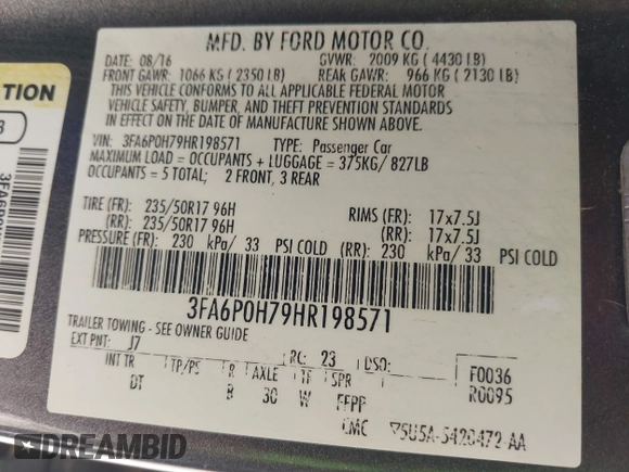 2017 Ford Fusion SE with VIN 3FA6P0H79HR198571, listed as a IAAI auction lot 41700901 with 159,386 mi miles and . Bid and sale history available at carsss.com. Image 9.