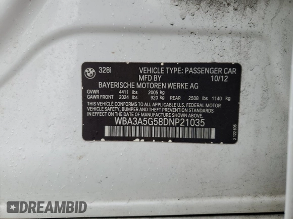 2013 BMW 3 Series 328i with VIN WBA3A5G58DNP21035, listed as a Copart auction lot 52529035 with 151,767 mi miles and Salvage Title. Bid and sale history available at carsss.com. Image 14.