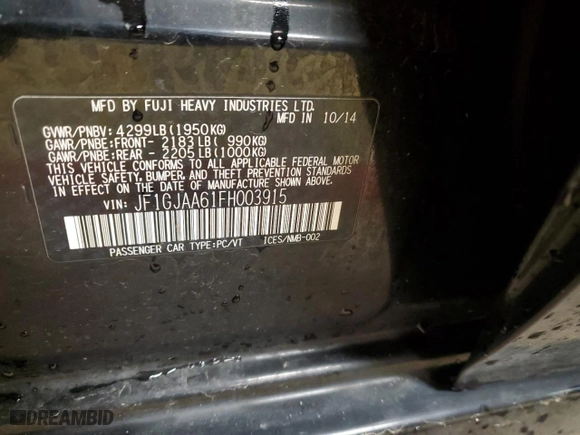2015 Subaru Impreza Sedan with VIN JF1GJAA61FH003915, listed as a Copart auction lot 85827434 with NaN miles and Salvage Title. Bid and sale history available at carsss.com. Image 14.
