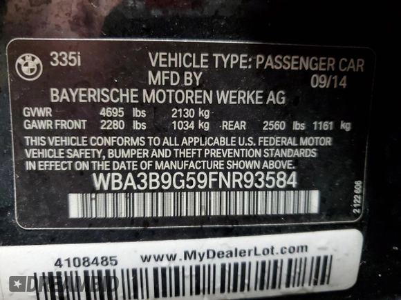 2015 BMW 3 Series 335i xDrive with VIN WBA3B9G59FNR93584, listed as a Copart auction lot 54711455 with 85,596 mi miles and Salvage title. Bid and sale history available at DreamBid. Image 13.
