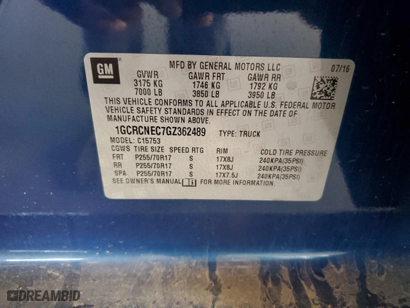 2016 Chevrolet Silverado 1500 Work Truck with VIN 1GCRCNEC7GZ362489, listed as a Copart auction lot 48418805 with 84,169 mi miles and Salvage Title. Bid and sale history available at carsss.com. Image 12.