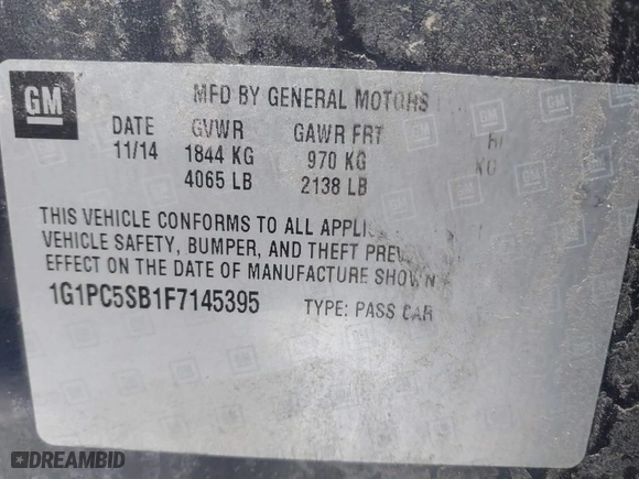 2015 Chevrolet Cruze LT with VIN 1G1PC5SB1F7145395, listed as a IAAI auction lot 41337962 with 141,012 mi miles. Bid and sale history available at carsss.com. Image 9.