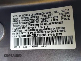 2011 Honda CR-V SE with VIN 5J6RE4H49BL110385, listed as a IAAI auction lot 41091191 with 209,187 mi miles. Bid and sale history available at carsss.com. Image 9.