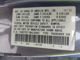 2011 Honda Accord EX with VIN 1HGCP2E71BA036692, listed as a IAAI auction lot 41942166 with 189,235 mi miles and . Bid and sale history available at DreamBid. Image 9.