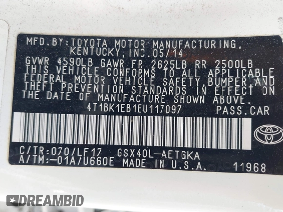 2014 Toyota Avalon Limited z VIN 4T1BK1EB1EU117097, wystawiony jako IAAI lot #41937996 z przebiegiem 169 336 mil mil oraz . Historia ofert i sprzedaży dostępna na DreamBid. Obrazek 9.