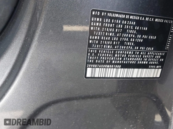 2024 Volkswagen Tiguan S with VIN 3VVRB7AX0RM001960, listed as a IAAI auction lot 41362304 with 16,655 mi miles and . Bid and sale history available at DreamBid. Image 9.