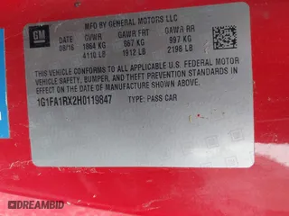 2017 Chevrolet Camaro 1LT with VIN 1G1FA1RX2H0119847, listed as a IAAI auction lot 41936497 with 125,711 mi miles. Bid and sale history available at carsss.com. Image 9.