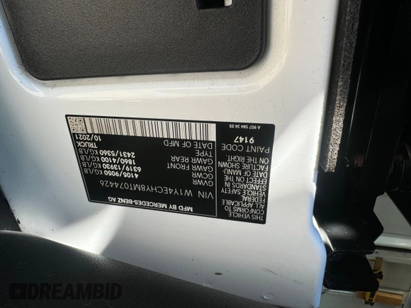 2021 Mercedes-Benz Sprinter Cargo Cargo with VIN W1Y4ECHY8MT074426, listed as a Copart auction lot 73589614 with 184,457 mi miles and . Bid and sale history available at DreamBid. Image 10.