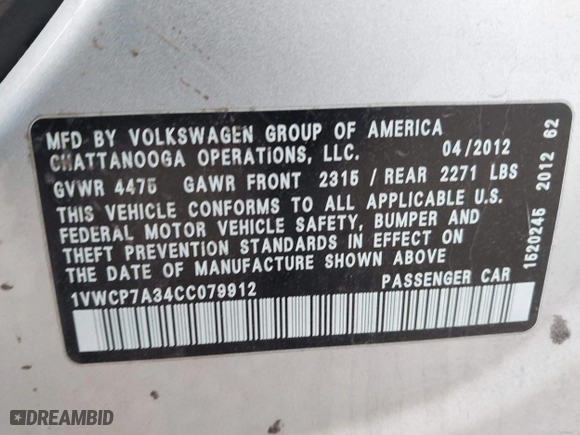2012 Volkswagen Passat SEL with VIN 1VWCP7A34CC079912, listed as a IAAI auction lot 41993331 with 114,110 mi miles. Bid and sale history available at carsss.com. Image 9.