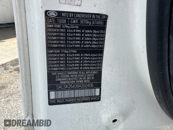 2009 Land Rover Range Rover Sport HSE with VIN SALSK25439A202406, listed as a Copart auction lot 58450095 with 202,277 mi miles and Clean title. Bid and sale history available at DreamBid. Image 10.