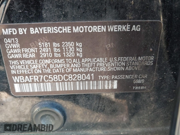 2013 BMW 5 Series 535i with VIN WBAFR7C58DC828041, listed as a IAAI auction lot 41825355 with 81,284 mi miles and . Bid and sale history available at DreamBid. Image 9.