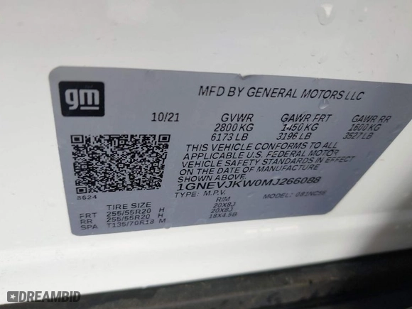 2021 Chevrolet Traverse RS with VIN 1GNEVJKW0MJ266088, listed as a IAAI auction lot 41504928 with 57,966 mi miles. Bid and sale history available at carsss.com. Image 9.