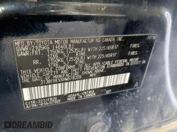 2017 Toyota RAV4 LE with VIN 2T3BFREVXHW578209, listed as a Copart auction lot 64029745 with 51,803 mi miles and Salvage title. Bid and sale history available at DreamBid. Image 14.