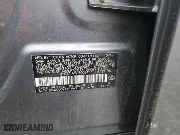 2014 Lexus IS 350 с VIN JTHCE1D23E5002477, выставлен на аукционе Copart как лот 58638485 с пробегом 50 765 миль миль и Списание • Salvage title. История ставок и продаж доступна на DreamBid. Изображение 12.