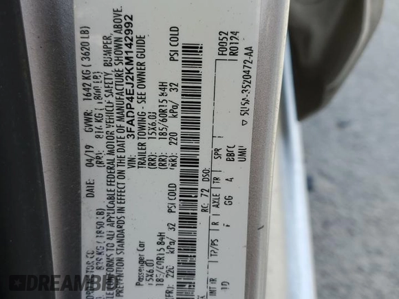 2019 Ford Fiesta SE z VIN 3FADP4EJ2KM142992, wystawiony jako Copart lot #55204795 z przebiegiem 98 018 mil mil oraz Szkoda całkowita • Salvage title. Historia ofert i sprzedaży dostępna na DreamBid. Obrazek 12.