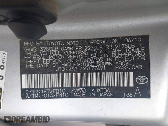2010 Toyota Prius II with VIN JTDKN3DU7A5177691, listed as a IAAI auction lot 42118814 with 194,472 mi miles. Bid and sale history available at carsss.com. Image 9.