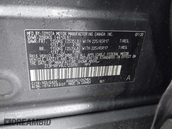 2020 Toyota RAV4 XLE with VIN 2T3P1RFV8LC122030, listed as a IAAI auction lot 41574567 with 42,586 mi miles and . Bid and sale history available at DreamBid. Image 9.