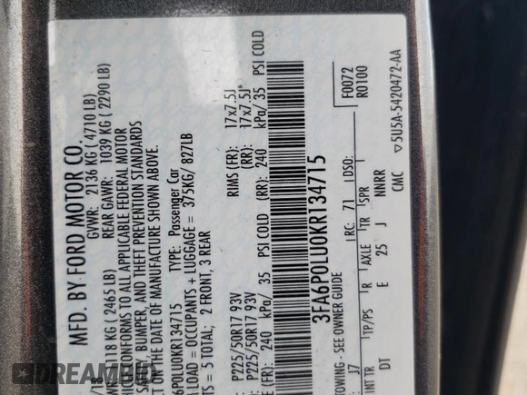 2019 Ford Fusion Hybrid SE with VIN 3FA6P0LU0KR134715, listed as a Copart auction lot 40792953 with 93,191 mi miles. Bid and sale history available at carsss.com. Image 12.