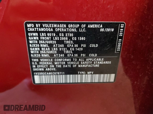 2019 Volkswagen Atlas SE z VIN 1V2XR2CA6KC575711, wystawiony jako Copart lot #54349395 z przebiegiem Nie podano mil oraz Szkoda całkowita • Salvage title. Historia ofert i sprzedaży dostępna na DreamBid. Obrazek 13.