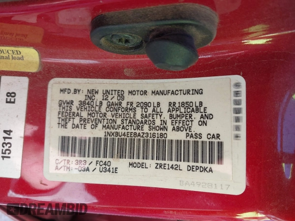 2010 Toyota Corolla z VIN 1NXBU4EE8AZ316180, wystawiony jako IAAI lot #41531730 z przebiegiem Nie podano mil oraz . Historia ofert i sprzedaży dostępna na DreamBid. Obrazek 9.