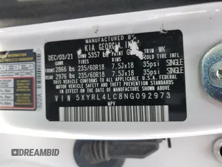 2022 Kia Sorento S with VIN 5XYRL4LC8NG092973, listed as a Copart auction lot 53808575 with 77,848 mi miles and Salvage title. Bid and sale history available at DreamBid. Image 13.