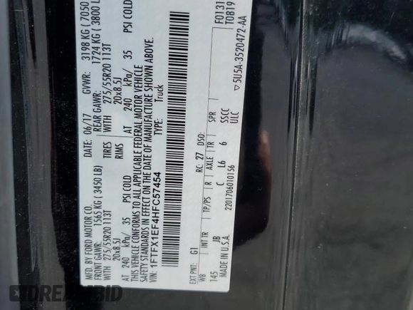 2017 Ford F-150 XL with VIN 1FTFX1EF4HFC57454, listed as a Copart auction lot 57087675 with 127,534 mi miles and Salvage title. Bid and sale history available at DreamBid. Image 12.