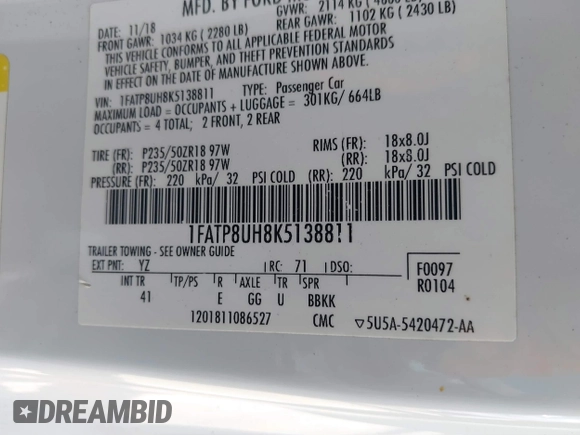 2019 Ford Mustang EcoBoost with VIN 1FATP8UH8K5138811, listed as a IAAI auction lot 41811193 with 90,212 mi miles and . Bid and sale history available at DreamBid. Image 9.