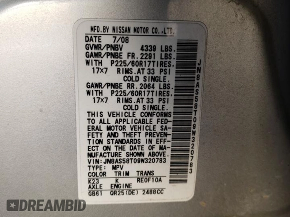 2009 Nissan Rogue SL with VIN JN8AS58T09W320783, listed as a Copart auction lot 47714395 with 160,460 mi miles and Salvage Title. Bid and sale history available at DreamBid. Image 13.