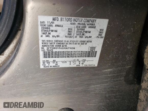 2002 Ford F-350 XL with VIN 3FTSW31F62MA15436, listed as a Copart auction lot 75384314 with 284,637 mi miles and Salvage Title. Bid and sale history available at DreamBid. Image 12.