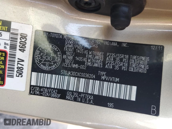 2012 Toyota Sienna LE with VIN 5TDJK3DCXCS036204, listed as a Copart auction lot 48563785 with 0 mi miles and Salvage Title. Bid and sale history available at carsss.com. Image 13.